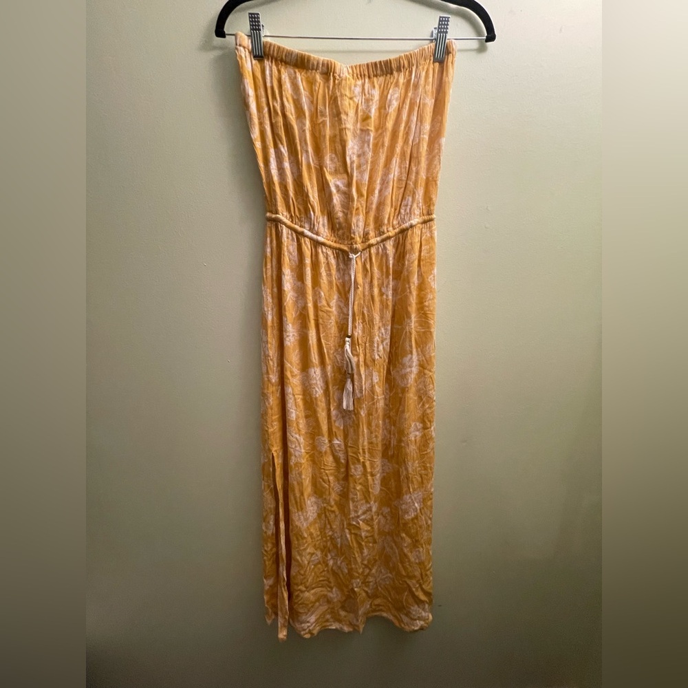 Womens KOY Resort Strapless Maxi Dress Yellow Print Rayon Size small